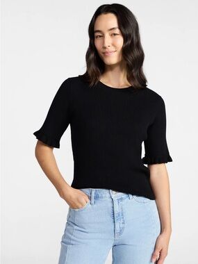 Time and Tru Women's Ribbed Sweater with Flounce Sleeves, Midweight, XS